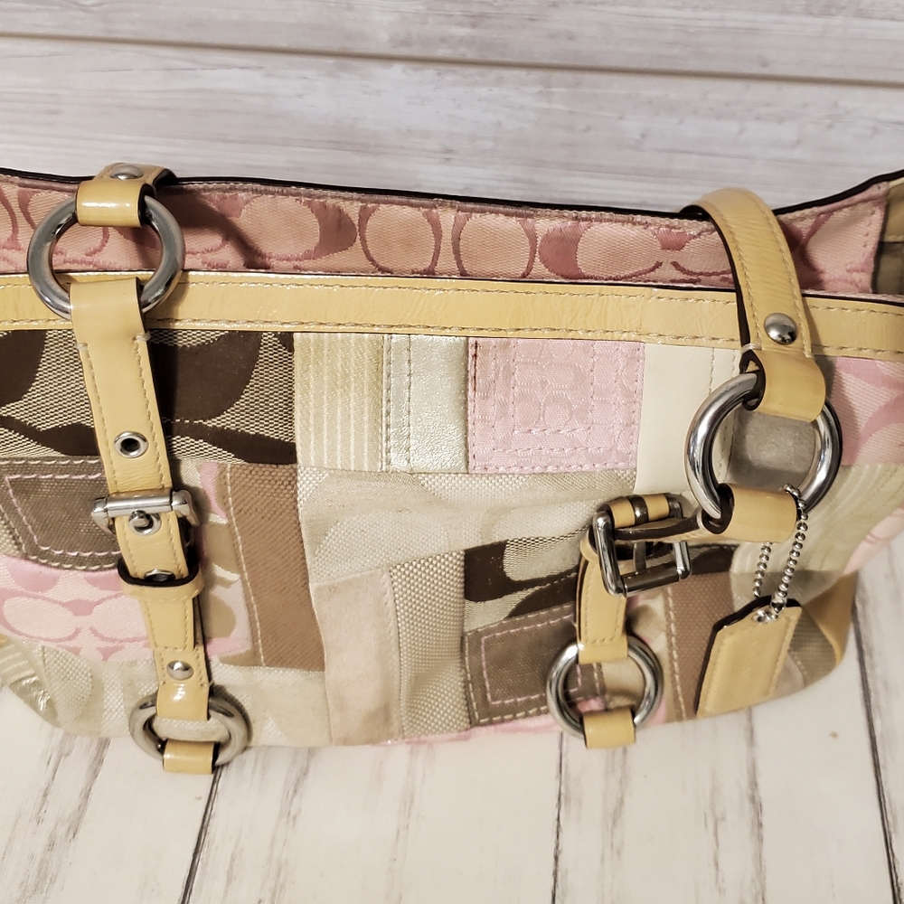 Coach purse in browns, pinks, patchwork, suede and leather